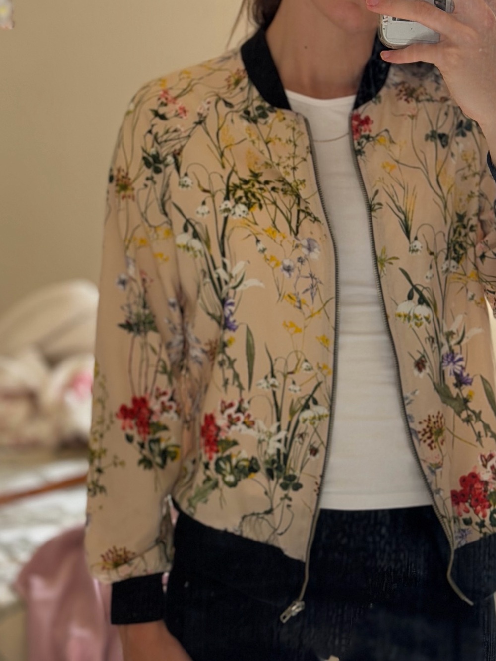 West Kei Floral Print Bomber Jacket in Cream with Black Trim